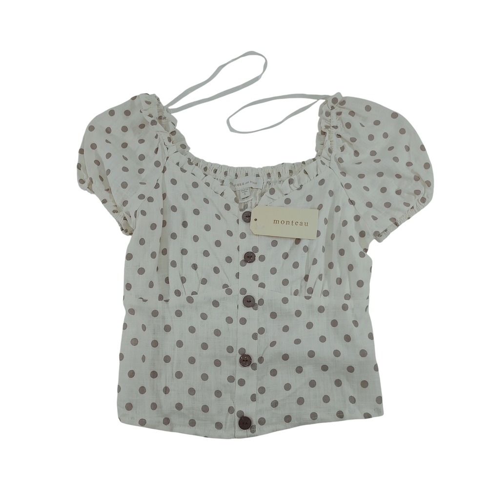 Monteau Polka Dot‎ Blouse Button Front Puff Sleeve Top Smocked Size S